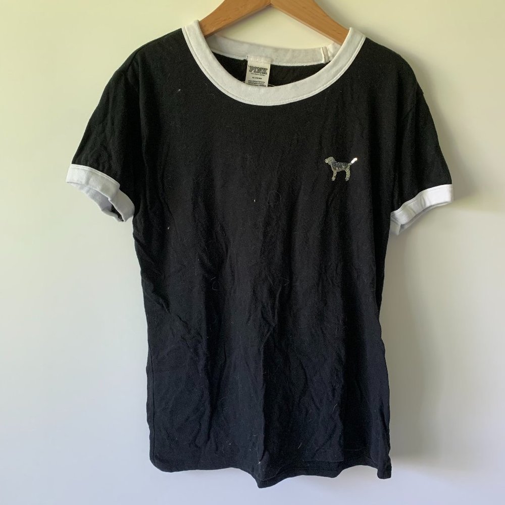 VS PINK Black Sequin Ringer T-Shirt